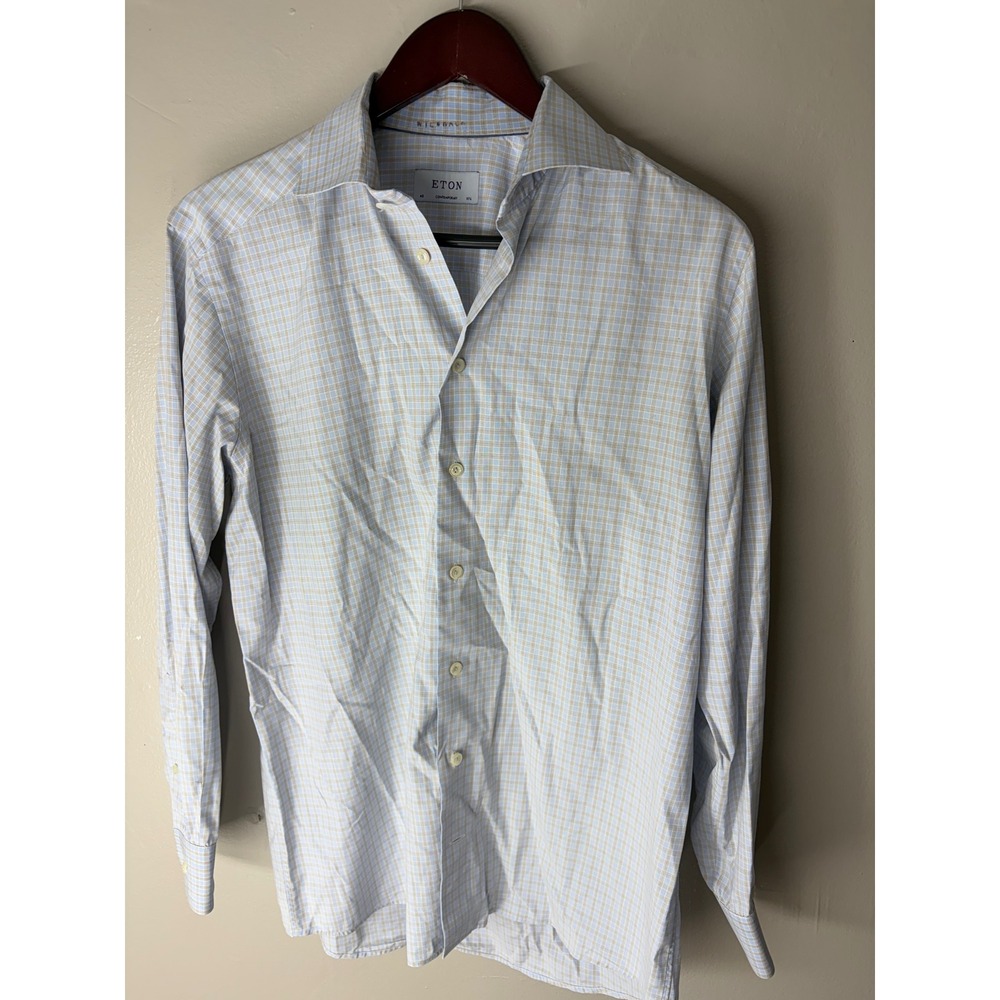 Eton Contemporary Fit Dress Shirt Blue Tan Check Cotton Mens 15.75 40 Romania